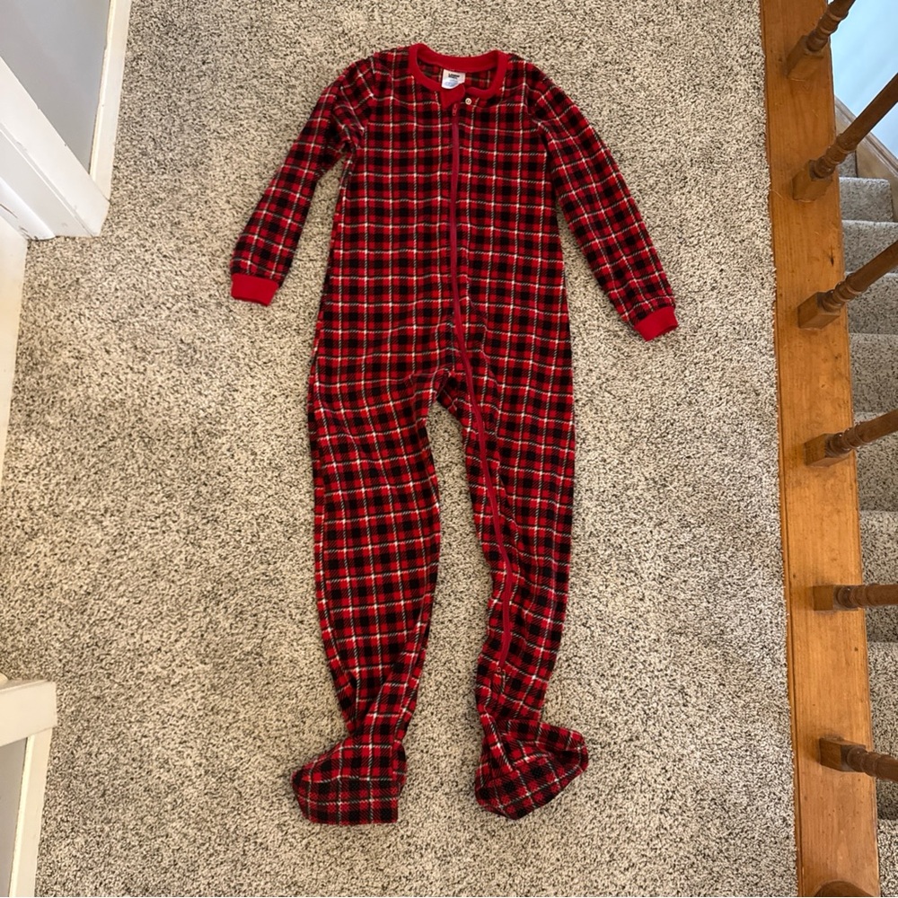 Lands' End Red Plaid Fleece Kids Footie Pajama Size 6